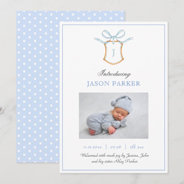 Cute Monogram with crest and bow  Announcement (Front/Back)