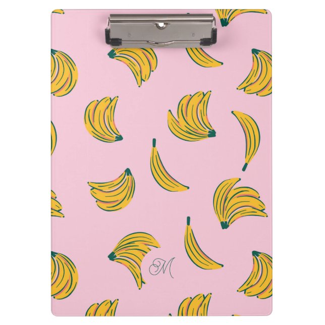 Cute Monogram Yellow Bananas in Pink Background Clipboard (Front)