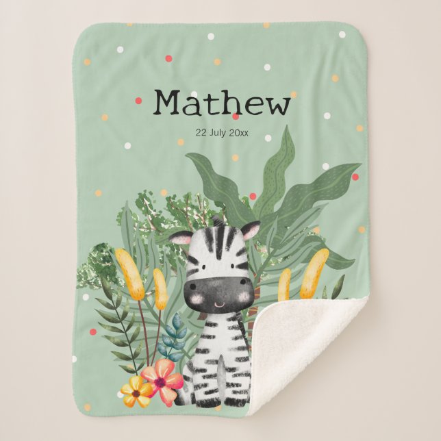 Cute monogram Zebra in the jungle l Greenery Sherpa Blanket (Front)
