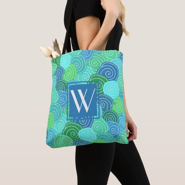Cute Monogrammed Modern Blue Green Pattern Tote Bag (Close Up)