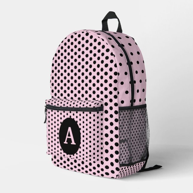 Cute Monogrammed Pink and Black Polka Dots Printed Backpack (Back Corner Right)