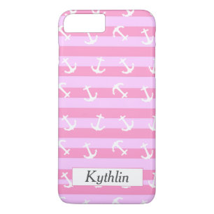 Cute Monogrammed Pink Stripes White Anchor Pattern Case-Mate iPhone Case