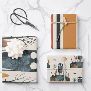 Cute Monster Autumn Colours Whimsical Halloween Wrapping Paper Sheet