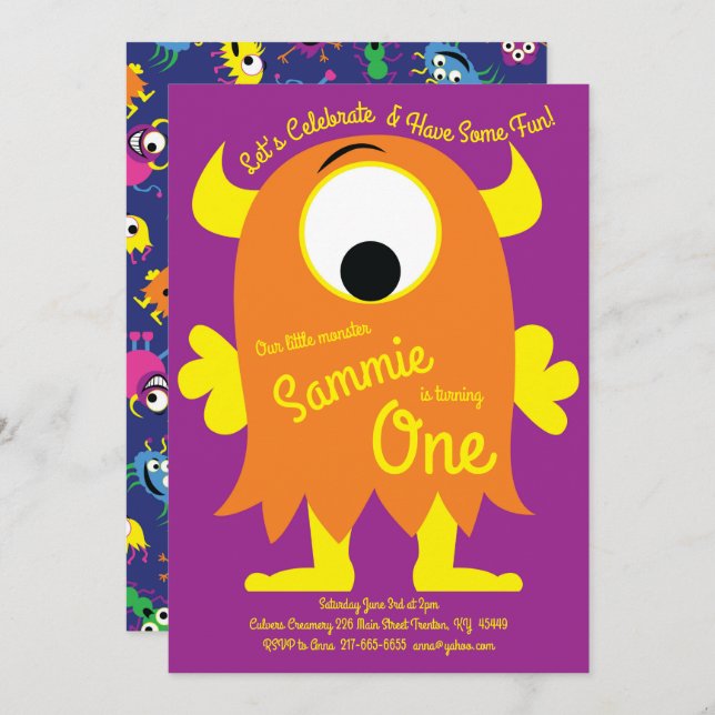 Cute Monster Birthday Invitations (Front/Back)