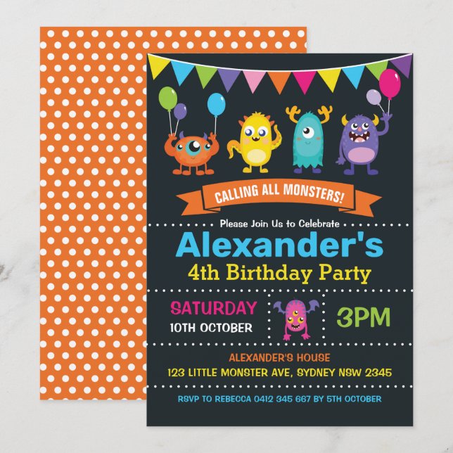 Cute Monster Birthday Party Chalkboard Invitation (Front/Back)