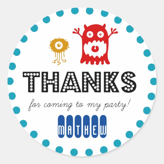 Cute monster birthday party sticker, thank you classic round sticker (Front)