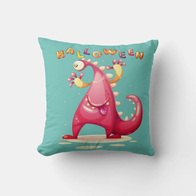 Cute Monster Dino Halloween Coloured Throw Pillow (Front)