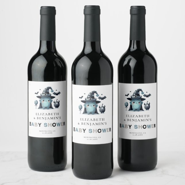 Cute Monster Fall Halloween Blue Coed Baby Shower Wine Label (Bottles)