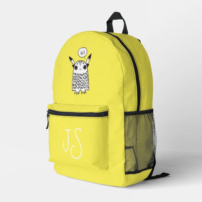 Cute monster lemon yellow monogram minimalist  printed backpack (Back Corner Right)