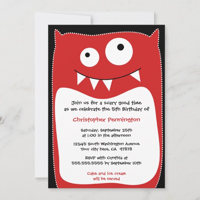 Cute monster pillow boys birthday party invitation (Front)