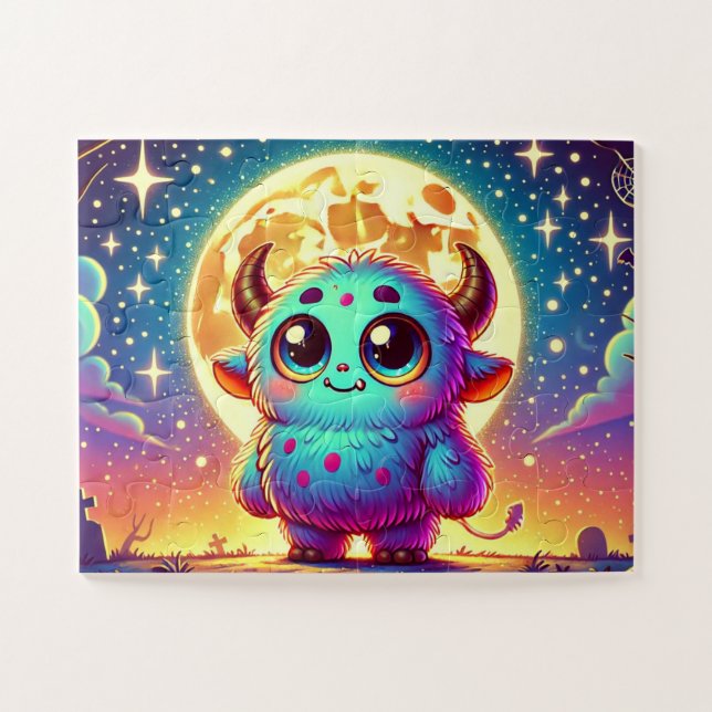 Cute Monster Under a Full Moon Halloween Jigsaw Puzzle (Horizontal)