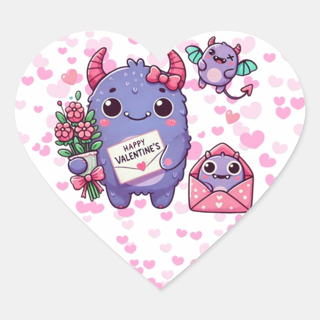 Cute monster Valentine's Day  Heart Sticker (Front)