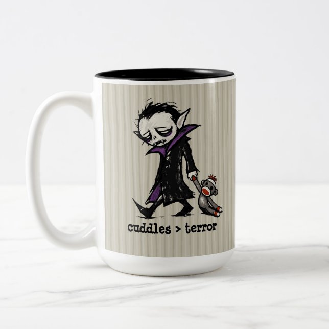 Cute Monster Vampire Sock Monkey Toy Funny Phrase Two-Tone Coffee Mug (Left)
