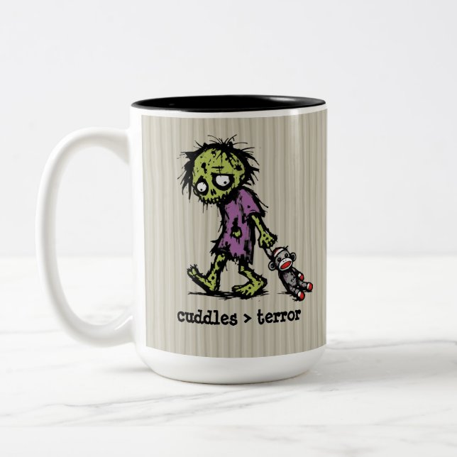 Cute Monster Zombie Sock Monkey Toy Funny Phrase Two-Tone Coffee Mug (Left)