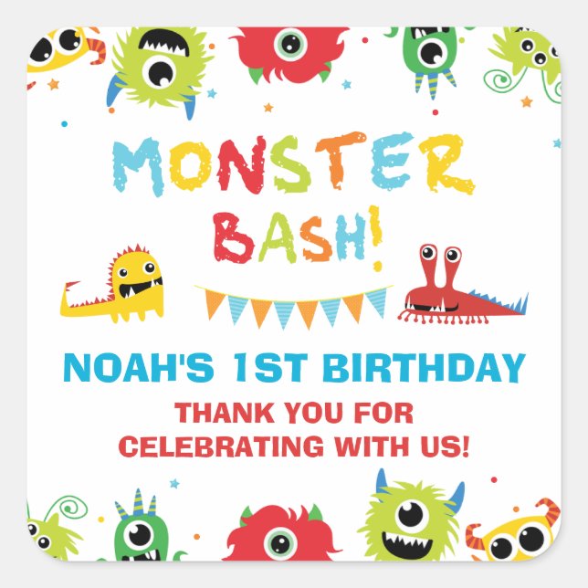 Cute Monsters Boy 1st Birthday Thank You Favour Square Sticker (Front)