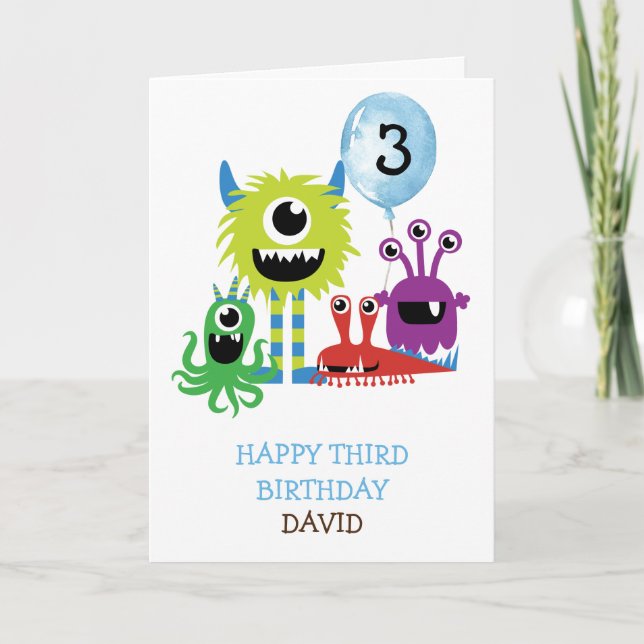 Cute Monsters Boy Happy Birthday Personalized Card (Front)
