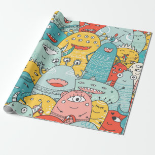 cute monsters crowd seamless pattern in boho style wrapping paper