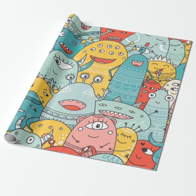 cute monsters crowd seamless pattern in boho style wrapping paper (Unrolled)