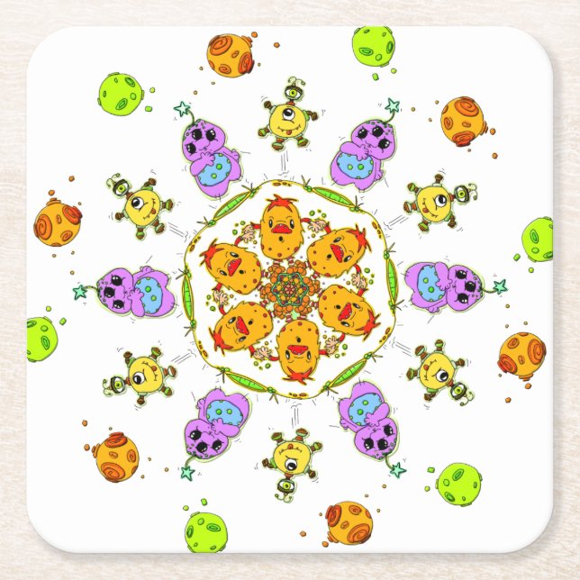 cute monsters square paper coaster (Front)