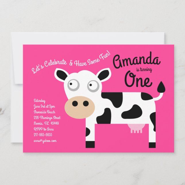 Cute Moo Cow Invitation à la fête d'anniversaire p (Devant)