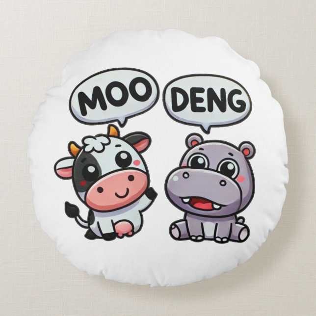 Cute Moo Deng & Cow Fun Round Pillow (Front)