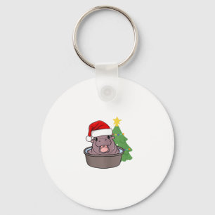 cute Moo Deng hippopotamus is wearing Santa hut Xm Keychain