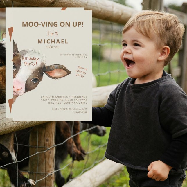 Cute Moo-ving on Up Boy Birthday Party Invitation (Creator Uploaded)
