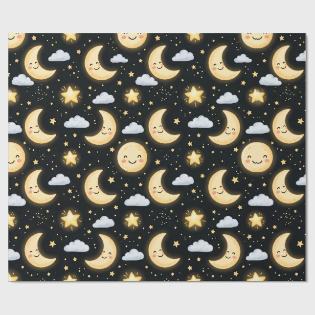 Cute Moon and Stars Night Pattern Wrapping Paper (Flat)