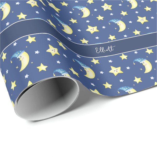 Cute Moon and Stars Pattern Blue Baby Shower Wrapping Paper (Roll Corner)