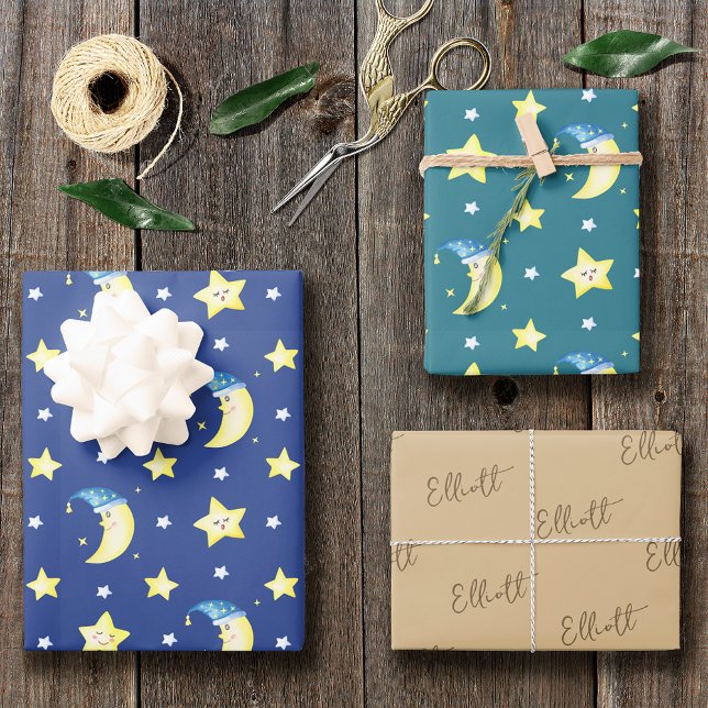 Cute Moon and Stars Pattern Blue Baby Shower Wrapping Paper Sheet (Creator Uploaded)