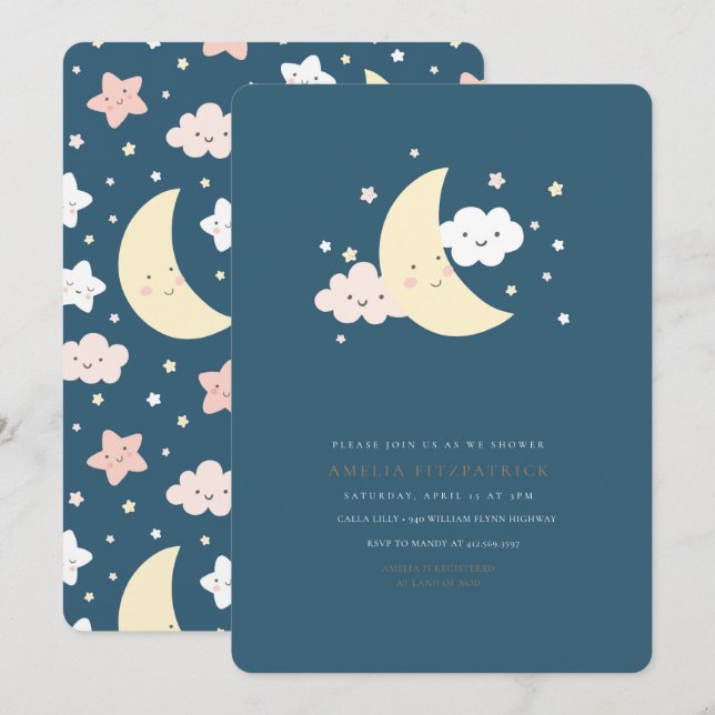 Cute Moon et Star Baby shower Invitation Marine (Devant / Derrière)