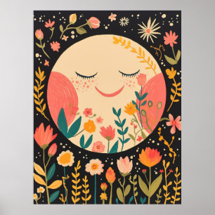 Cute Moon Night Sky Boho Floral Illustration Poster