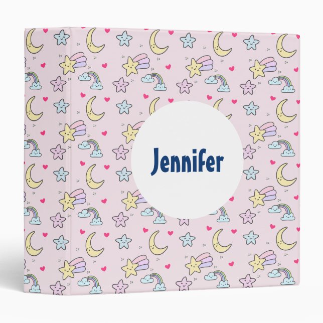 Cute Moon, Stars and Clouds Pattern on Pastel Pink Binder (Front/Spine)