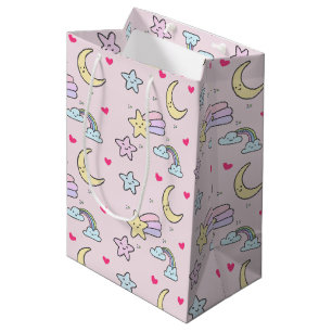 Cute Moon, Stars and Clouds Pattern on Pastel Pink Medium Gift Bag