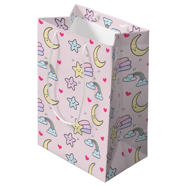 Cute Moon, Stars and Clouds Pattern on Pastel Pink Medium Gift Bag (Front Angled)