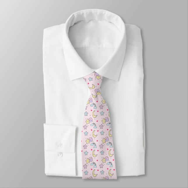 Cute Moon, Stars and Clouds Pattern on Pastel Pink Tie (Tied)
