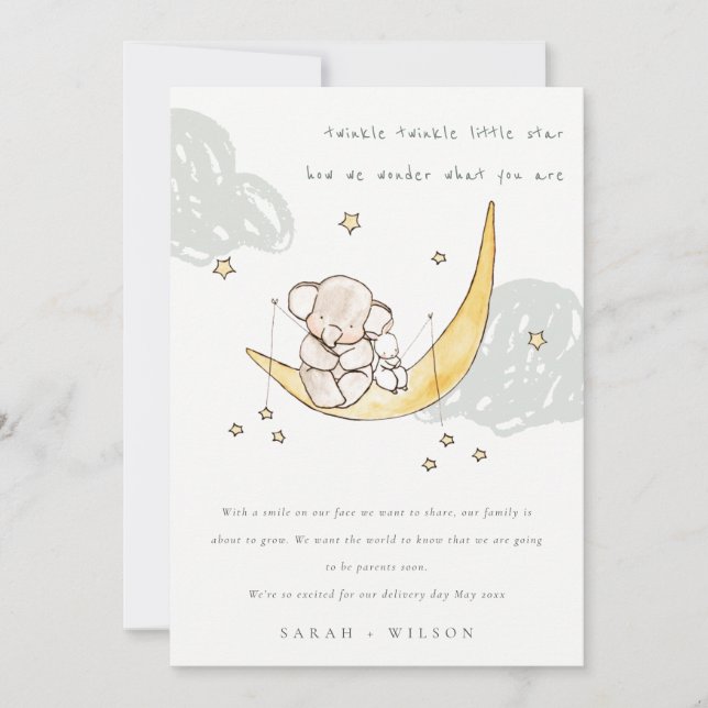 Cute Moon Stars Elephant Bunny Baby Announcement  (Front)