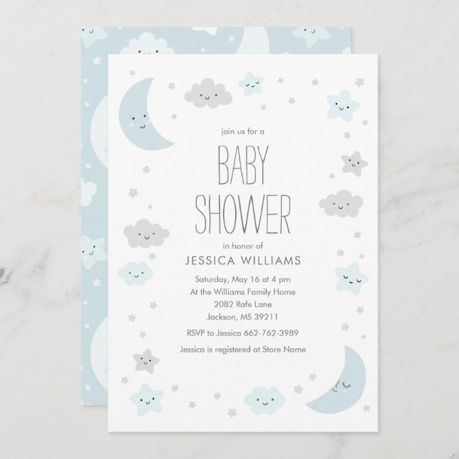 Cute Moon & Stars Frame Boy Baby Shower Invitation (Front/Back)