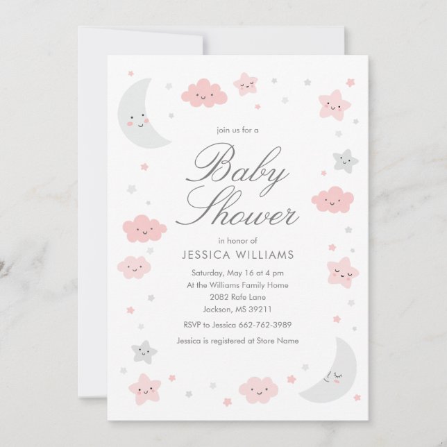 Cute Moon & Stars Invitation Baby shower de fille  (Devant)