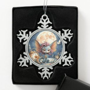Cute Moonlit Fantasy Creature Snowflake Pewter Christmas Ornament