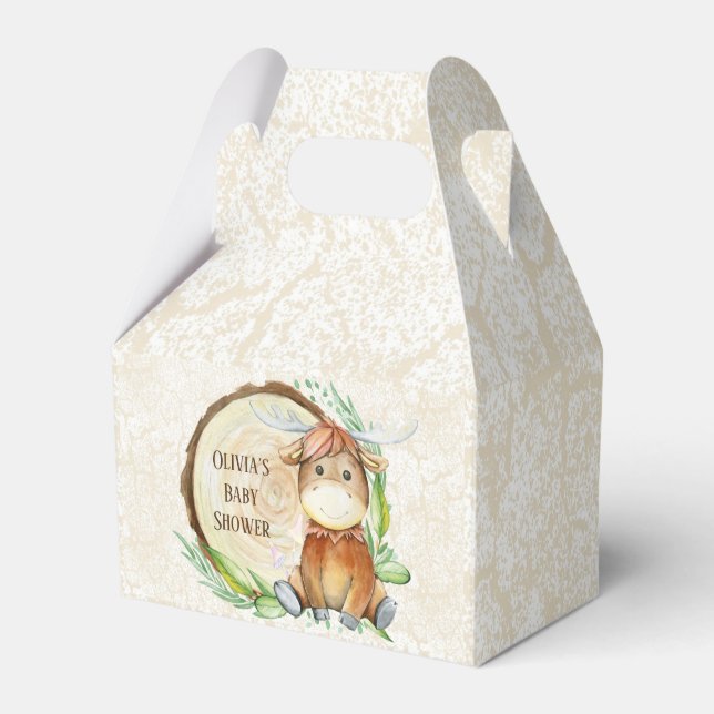  Cute Moose Greenery Wood Slice Baby Shower Custom Favor Box (Front Side)