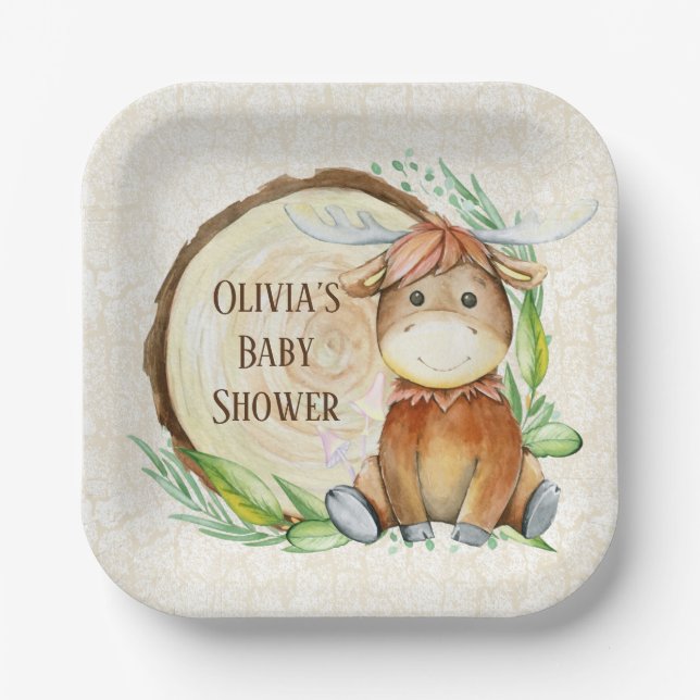 Cute Moose Greenery Wood Slice Baby Shower Custom Paper Plate (Front)