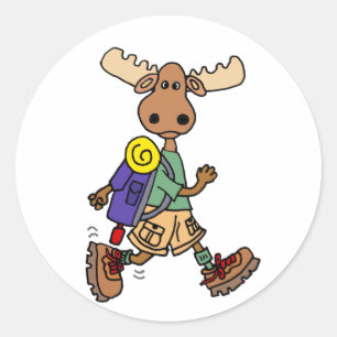Cute Moose Hiker Cartoon Classic Round Sticker