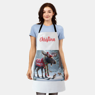Cute Moose in Snowy Forest Christmas Personalized Apron