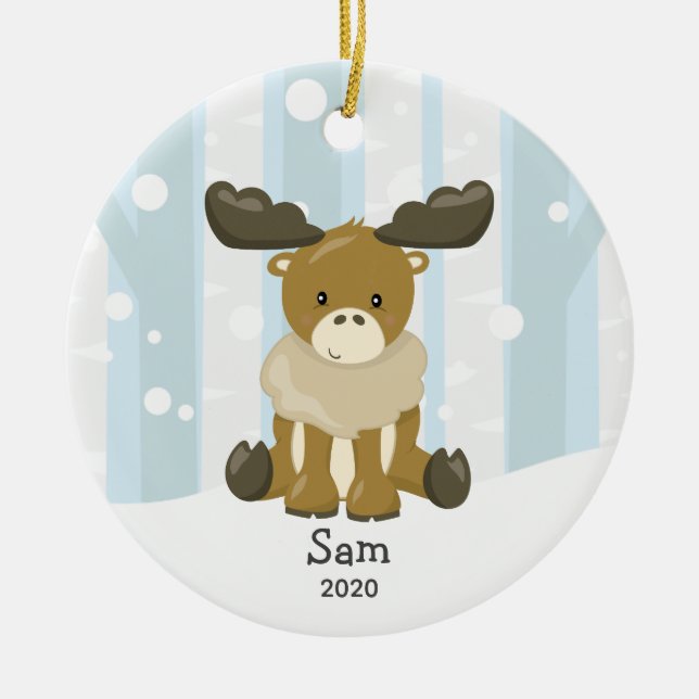 Cute Moose Personalized Christmas Ornament (Front)