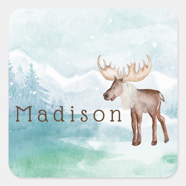 Cute Moose Personalized Holiday Square Sticker (Front)
