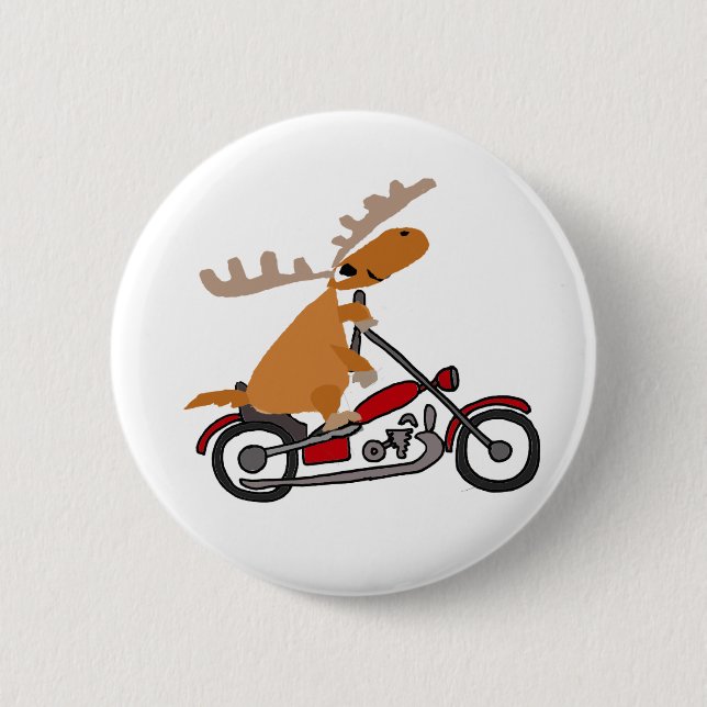 Cute Moose Riding Motorcycle Cartoon 2 Inch Round Button (Front)