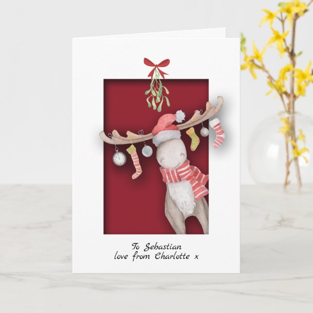 Cute Moose With Mistletoe Christmas Card (Yellow Flower)