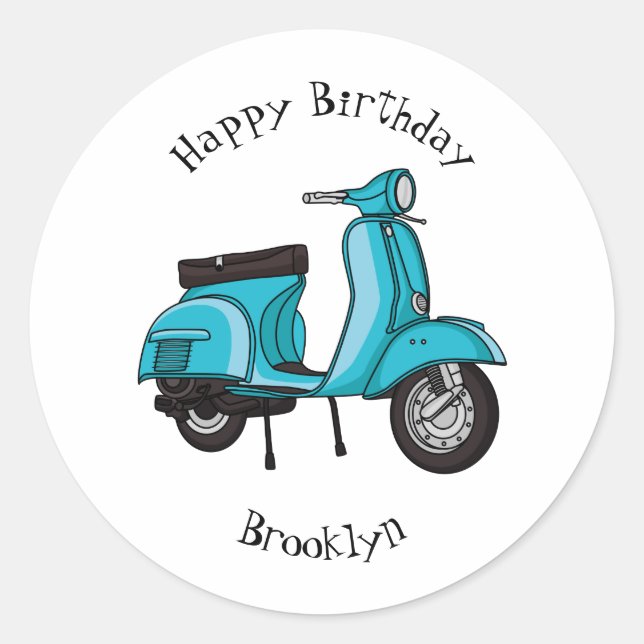 Cute moped motorcycle cartoon illustration classic round sticker (Front)