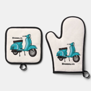 Cute moped motorcycle cartoon illustration oven mitt & pot holder set